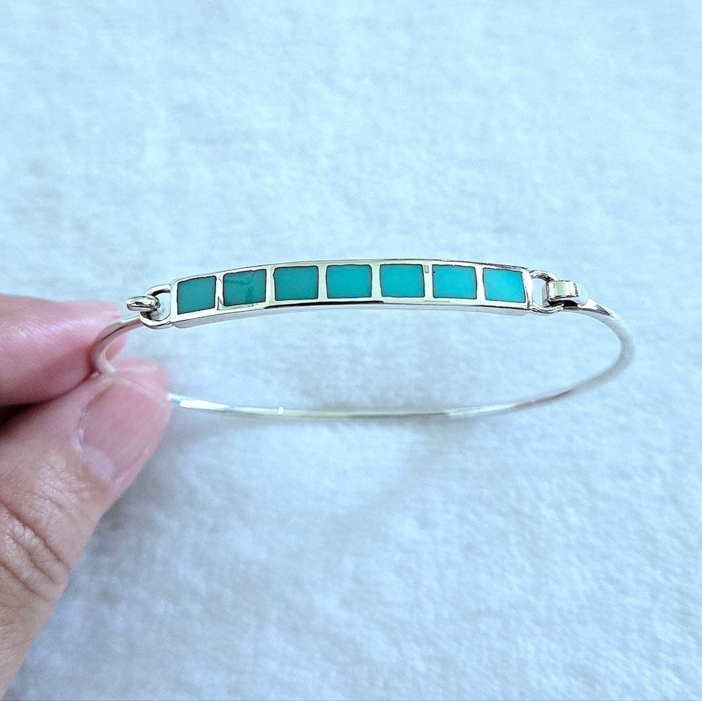 Taxco Sterling Silver🤍 Sleeping Beauty Turquoise🩵 Squares Flush Inlay Bracelet - Picture 13 of 16